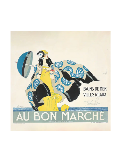 Au Bon Marché vintage advertisement poster, c. 1925, René Vincent, woman in yellow dress with blue parasol and patterned wrap.