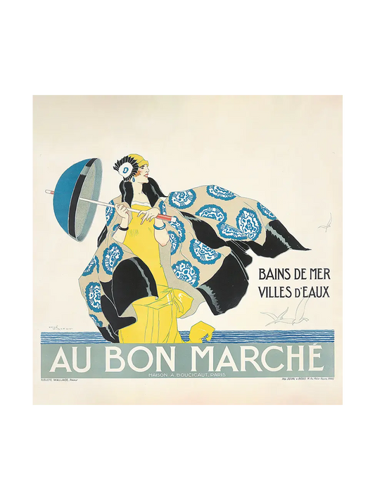 Au Bon Marché vintage advertisement poster, c. 1925, René Vincent, woman in yellow dress with blue parasol and patterned wrap.