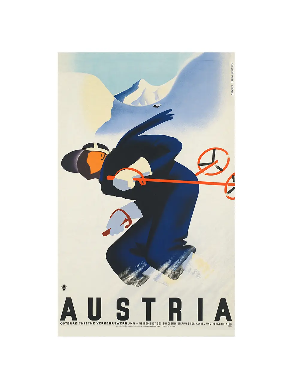 Vintage-style travel poster for Austria featuring a skier against a mountainous background.