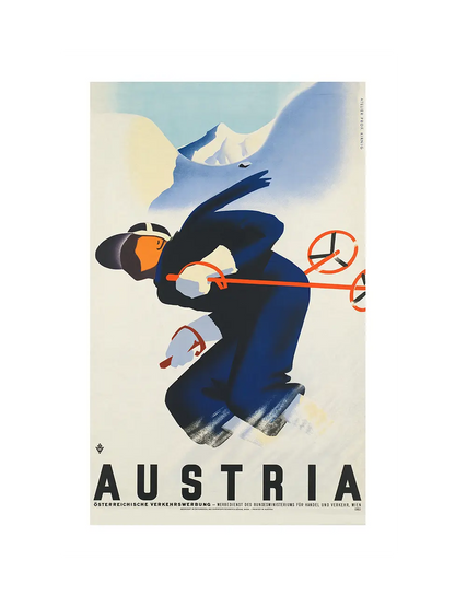 Vintage-style travel poster for Austria featuring a skier against a mountainous background.