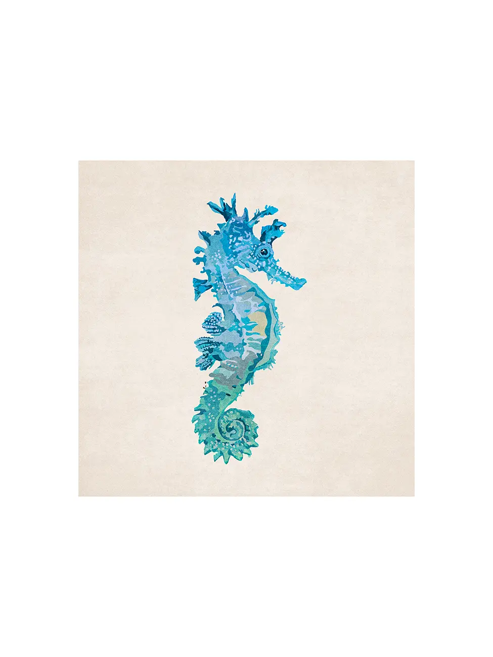 Blue seahorse illustration on a beige background