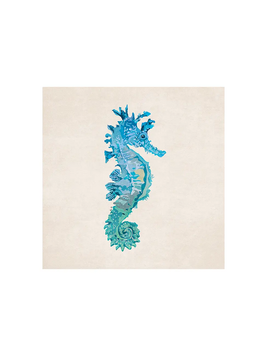 Blue seahorse illustration on a beige background