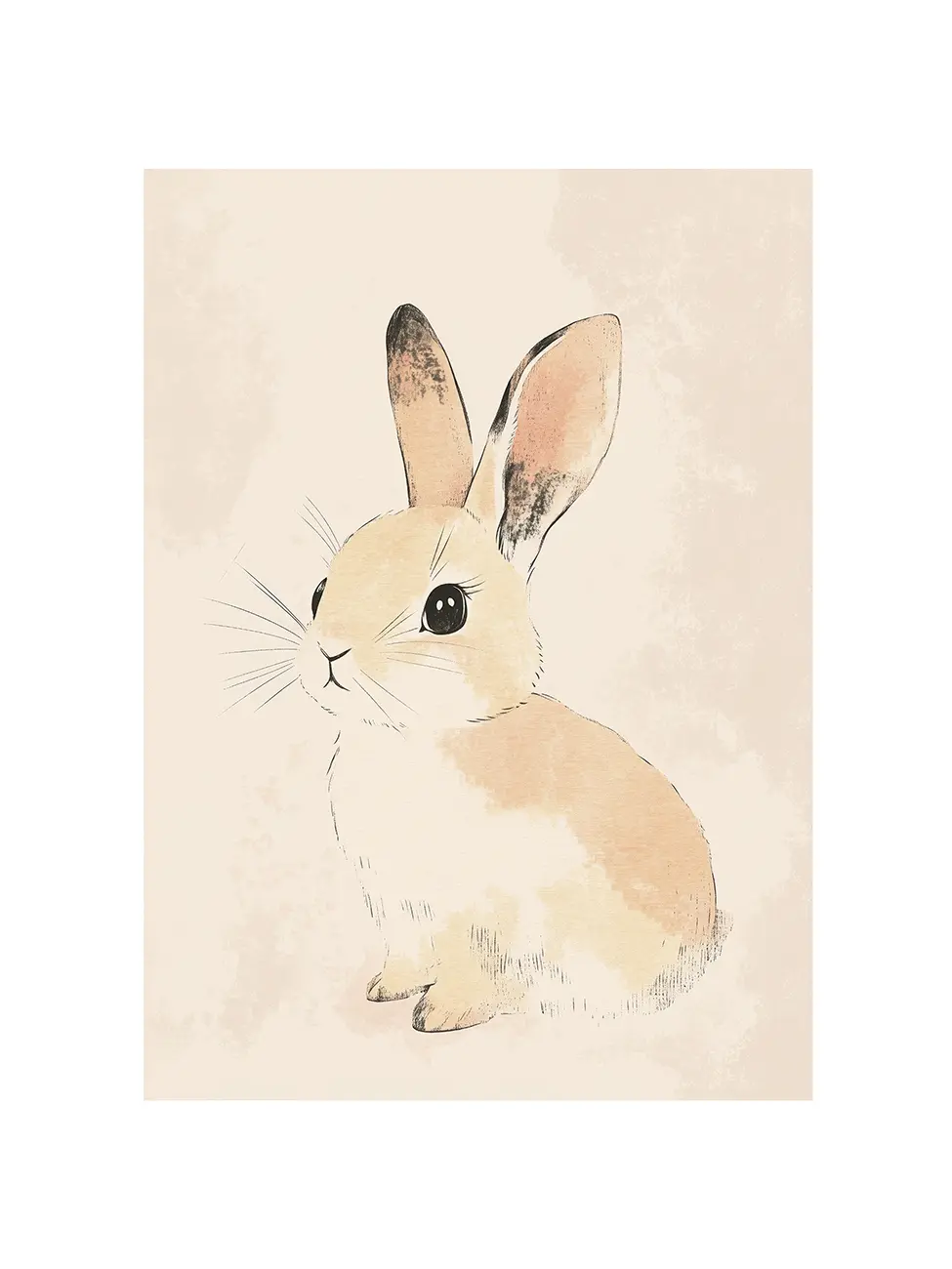 Frontal view of art print for kids room with a cute bunny on a beige background