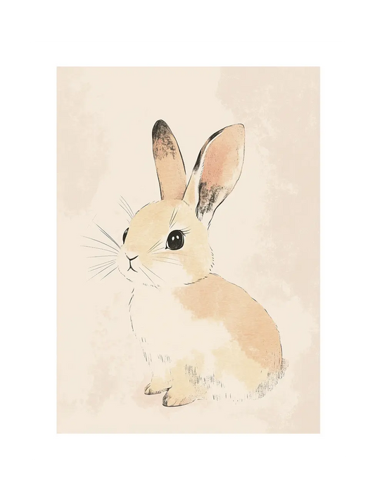 Frontal view of art print for kids room with a cute bunny on a beige background