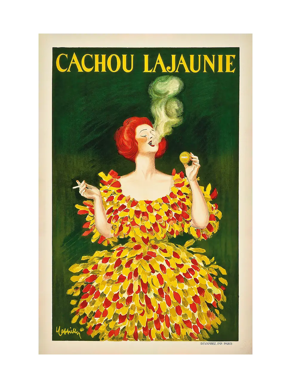 Vintage-style advertising poster for Cachou Lajaunie – red haired woman in yellow red feathered dress holding a cigarette and candy tin on dark green background.