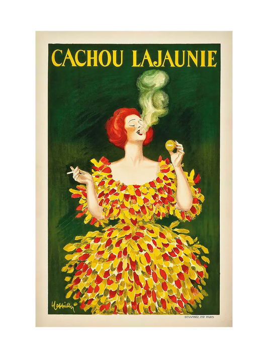 Vintage-style advertising poster for Cachou Lajaunie – red haired woman in yellow red feathered dress holding a cigarette and candy tin on dark green background.