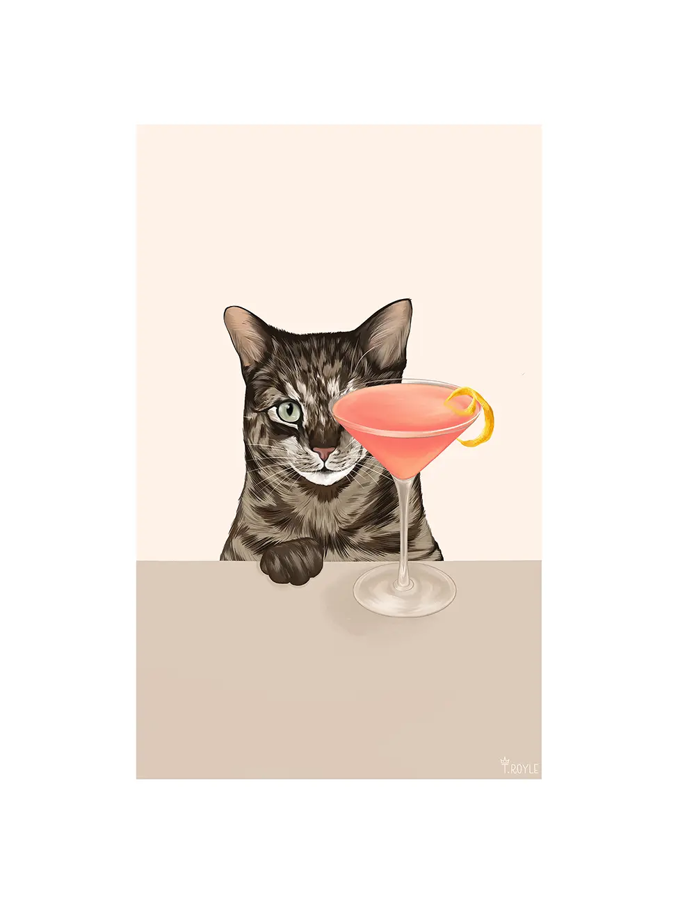 Illustration of a tabby cat behind a table, with a pink Cosmopolitan cocktail with a citrus twist.