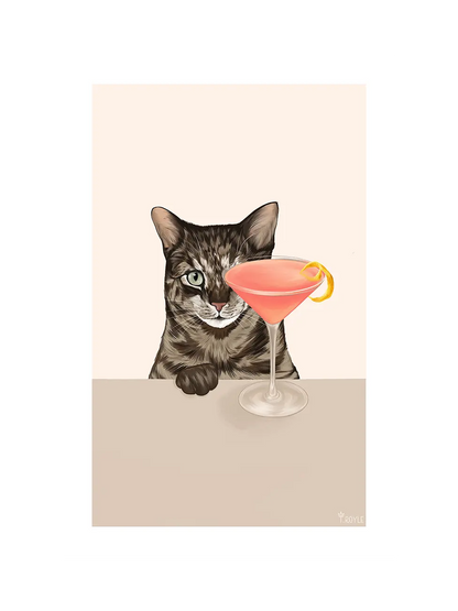 Illustration of a tabby cat behind a table, with a pink Cosmopolitan cocktail with a citrus twist.