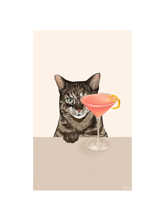 Illustration of a tabby cat behind a table, with a pink Cosmopolitan cocktail with a citrus twist.