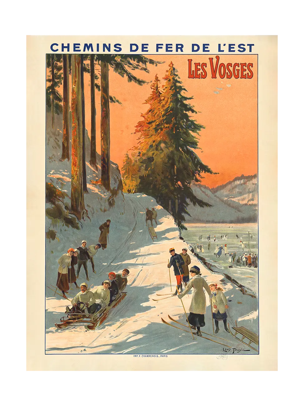 Poster of vintage-style advertisement for Les Vosges featuring people sledding in a snowy landscape with trees.