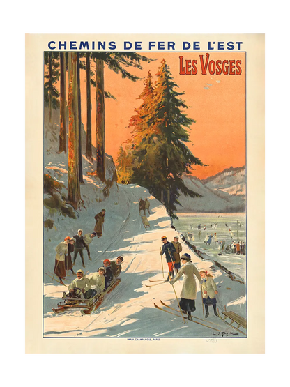 Poster of vintage-style advertisement for Les Vosges featuring people sledding in a snowy landscape with trees.