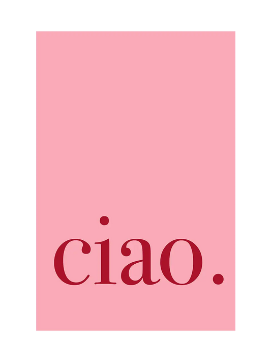 Blush pink typography print with “ciao.” in deep red serif type, minimalist design by Talitha McQueen.