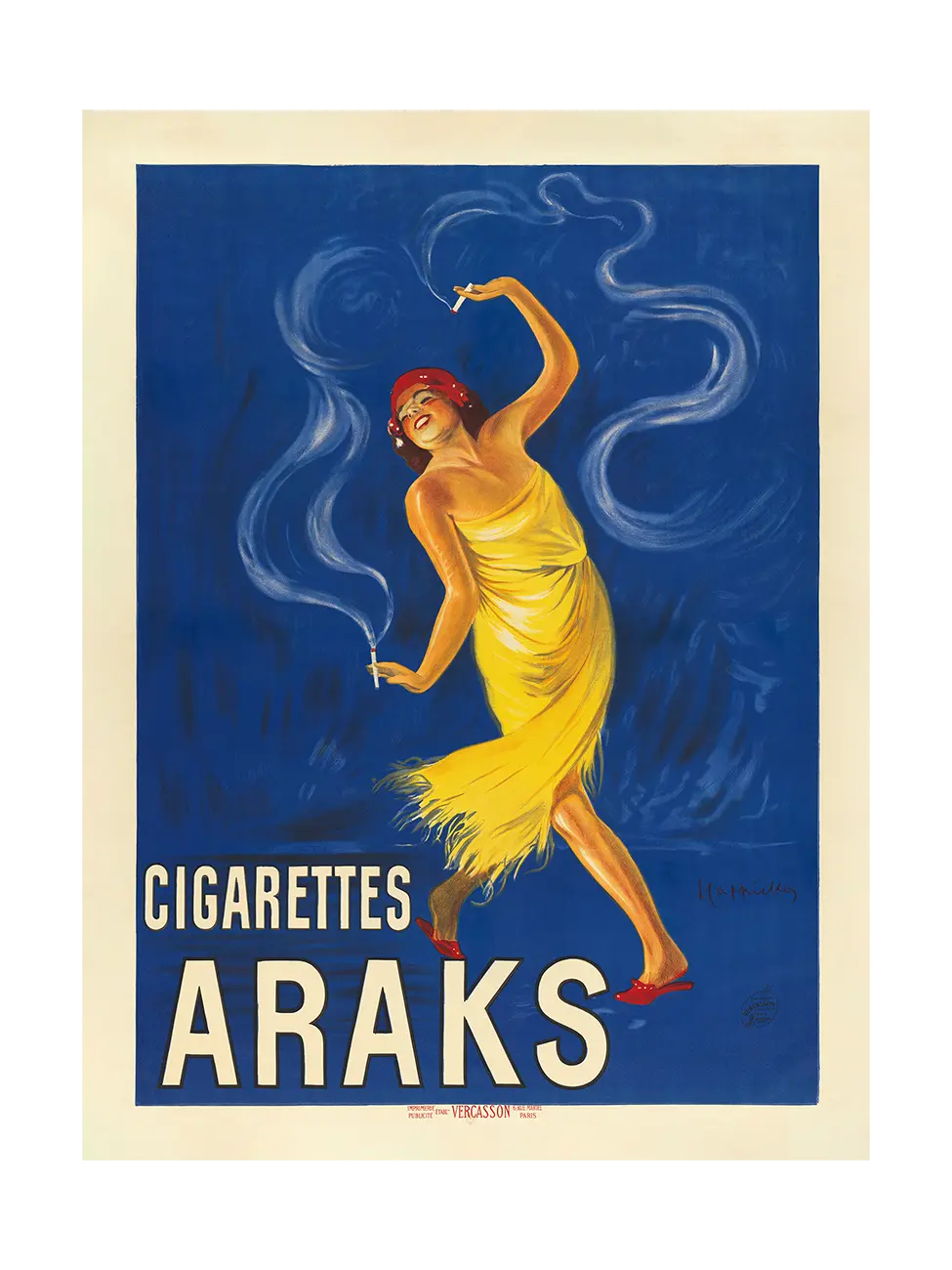 Vintage advertisement poster for Araks cigarettes featuring a woman in a yellow dress against a blue background.