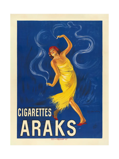 Vintage advertisement poster for Araks cigarettes featuring a woman in a yellow dress against a blue background.