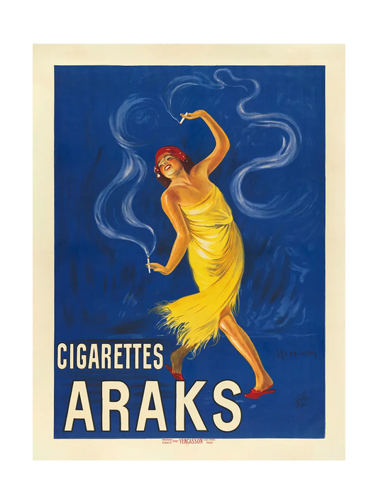 Vintage advertisement poster for Araks cigarettes featuring a woman in a yellow dress against a blue background.