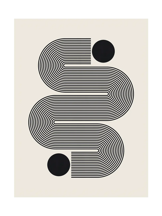 Abstract design with black curved lines and circles on a beige background