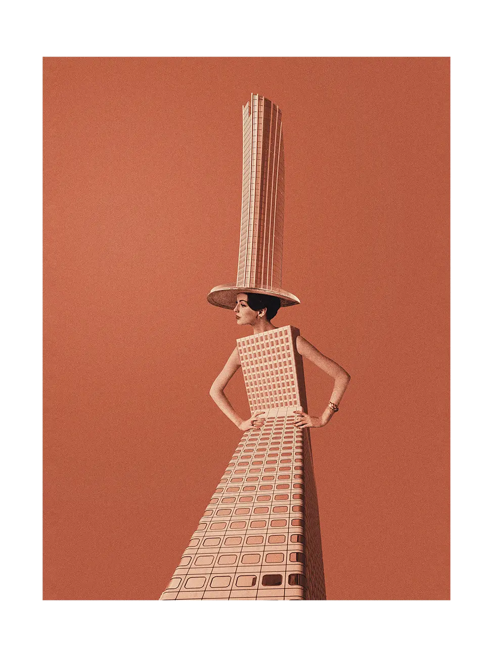 Collage of a woman in a patterned dress with a tall hat against a red-brown background