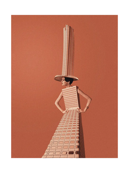 Collage of a woman in a patterned dress with a tall hat against a red-brown background