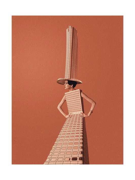 Collage of a woman in a patterned dress with a tall hat against a red-brown background