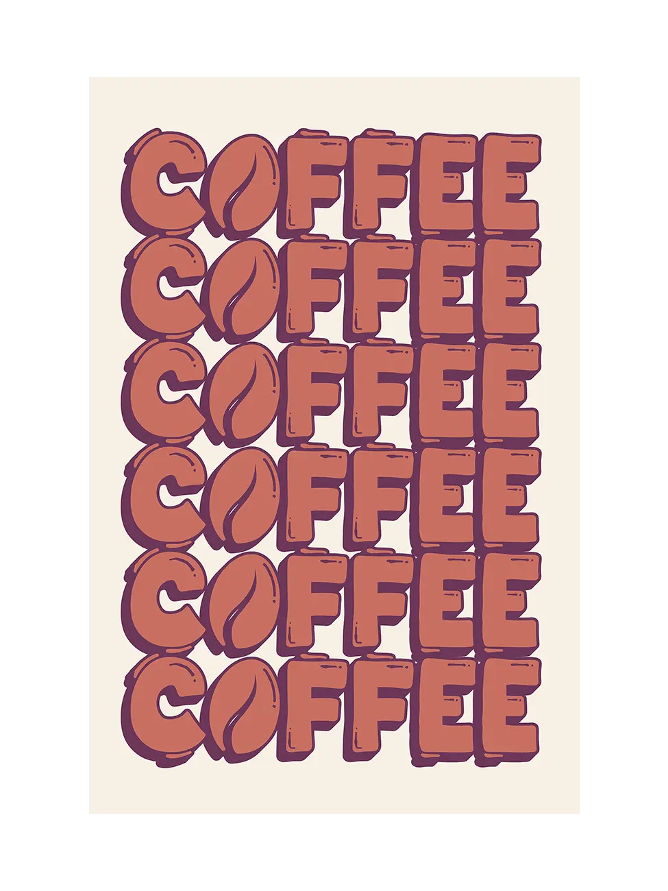 Art print with repetition of the word 'COFFEE' in reddish-brown, with coffee bean graphics on a beige background