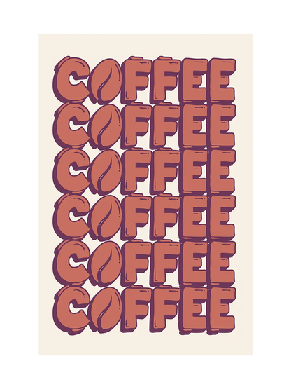 Art print with repetition of the word 'COFFEE' in reddish-brown, with coffee bean graphics on a beige background