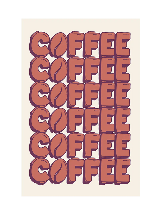Art print with repetition of the word 'COFFEE' in reddish-brown, with coffee bean graphics on a beige background