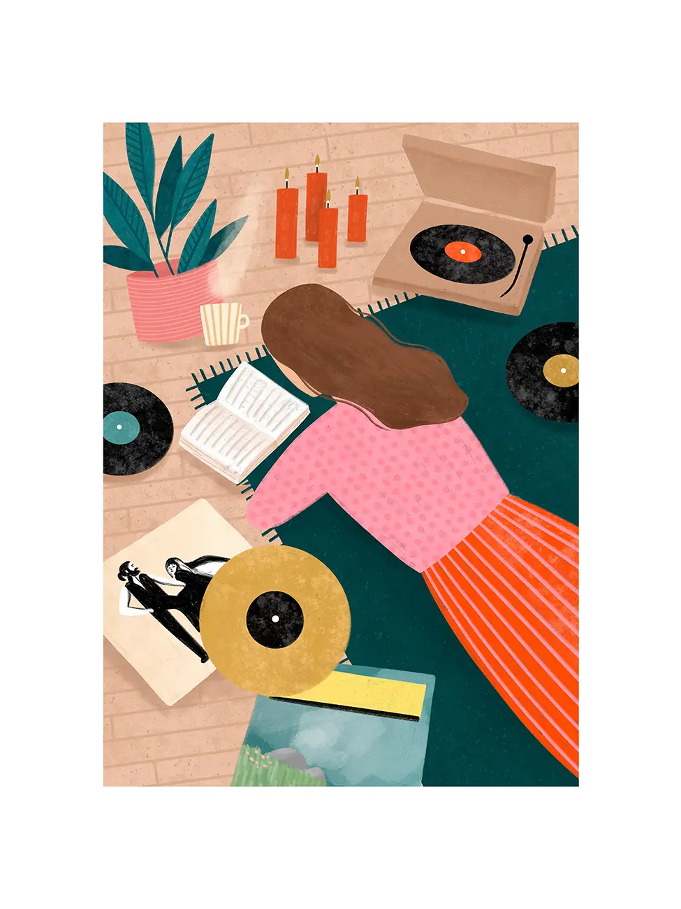 Poster of an iillustrated scene: a woman lying on a teal blanket on a wood floor, surrounded by vinyl records, a turntable, candles, an open book, a plant, and a gold record, in a warm, cozy room setting.