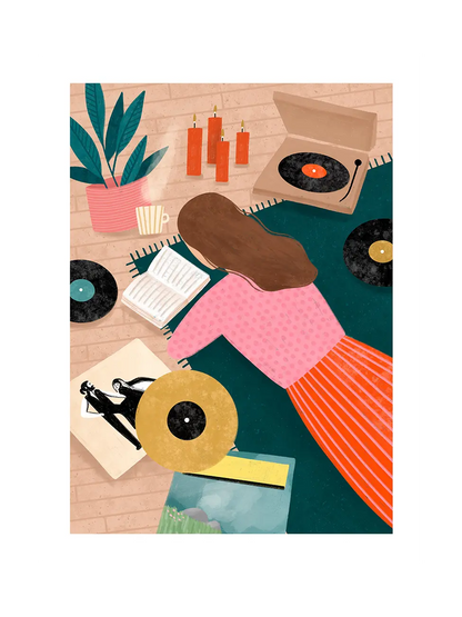Poster of an iillustrated scene: a woman lying on a teal blanket on a wood floor, surrounded by vinyl records, a turntable, candles, an open book, a plant, and a gold record, in a warm, cozy room setting.