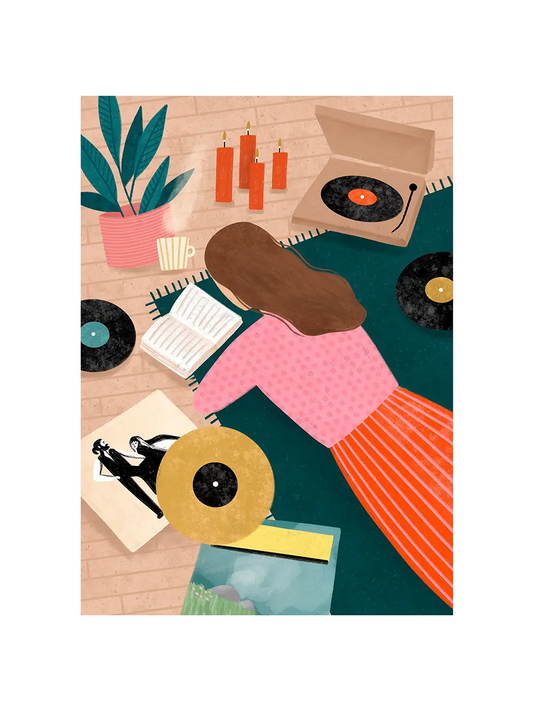 Poster of an iillustrated scene: a woman lying on a teal blanket on a wood floor, surrounded by vinyl records, a turntable, candles, an open book, a plant, and a gold record, in a warm, cozy room setting.