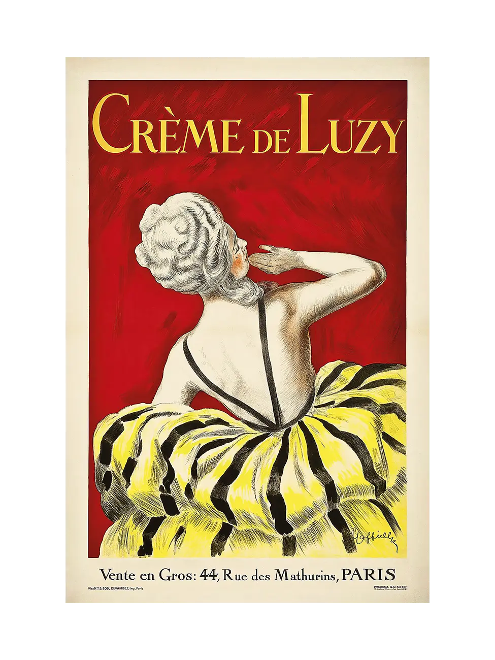Art print by Art Punch of Crème de Luzy vintage advertising poster by Cappiello: woman in yellow-black dress with bare back on deep red background.