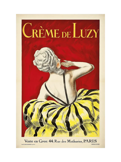 Art print by Art Punch of Crème de Luzy vintage advertising poster by Cappiello: woman in yellow-black dress with bare back on deep red background.