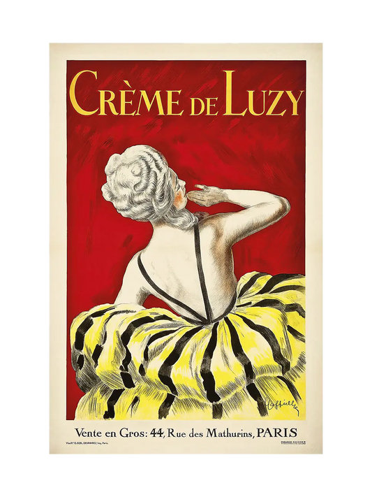 Art print by Art Punch of Crème de Luzy vintage advertising poster by Cappiello: woman in yellow-black dress with bare back on deep red background.