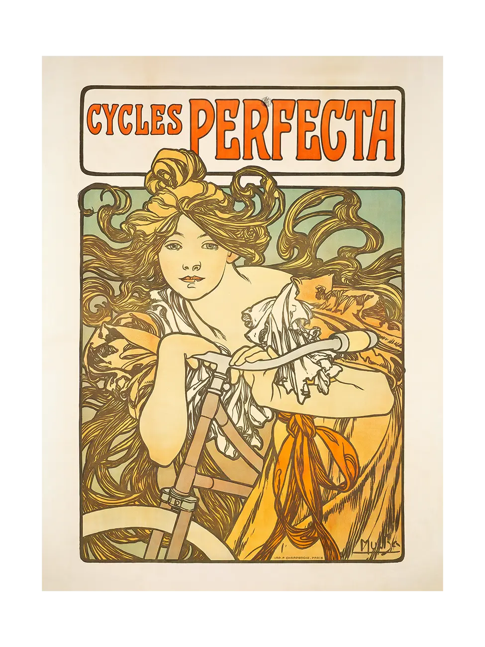 Art Deco poster for 'Cycles Perfecta' featuring a woman with flowing hair and a bicycle.