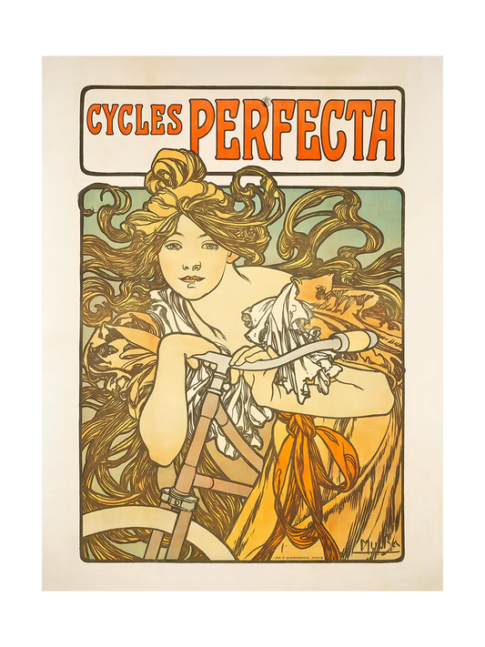 Art Deco poster for 'Cycles Perfecta' featuring a woman with flowing hair and a bicycle.