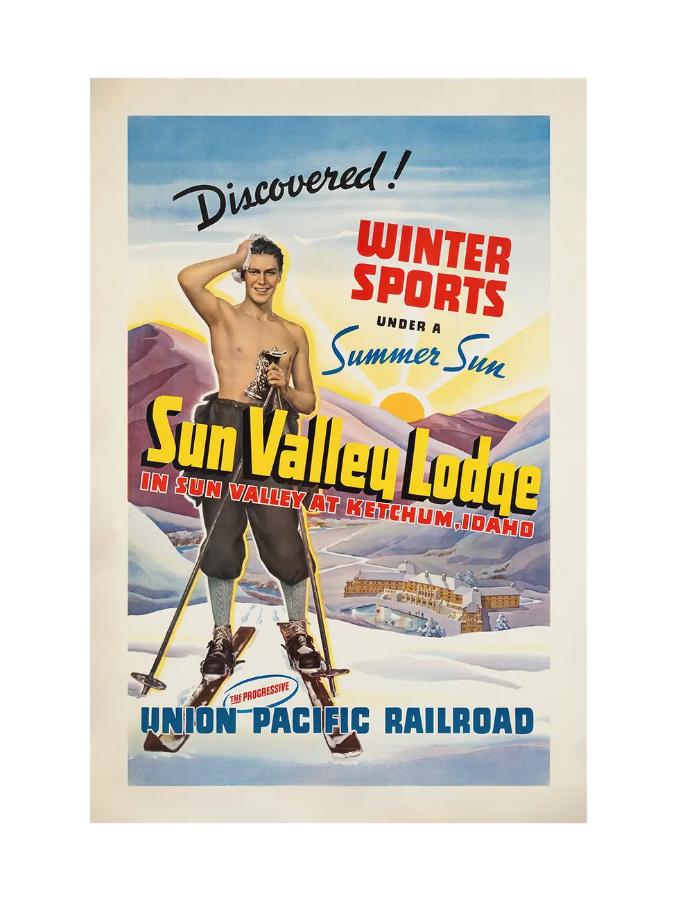 Art print of a vintage advertisement poster for Sun Valley Lodge featuring a skier and mountain landscape.