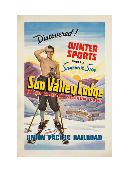 Art print of a vintage advertisement poster for Sun Valley Lodge featuring a skier and mountain landscape.