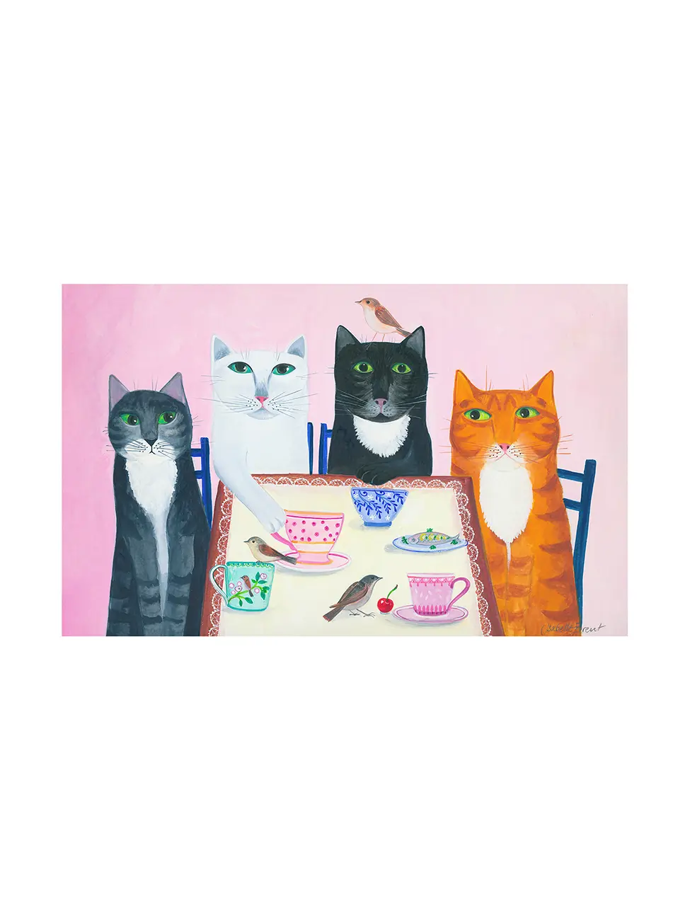 Four cats sitting at a table with patterned teacups, small birds and a cherry, naive illustration in pink and orange, art print by Isabelle Brent