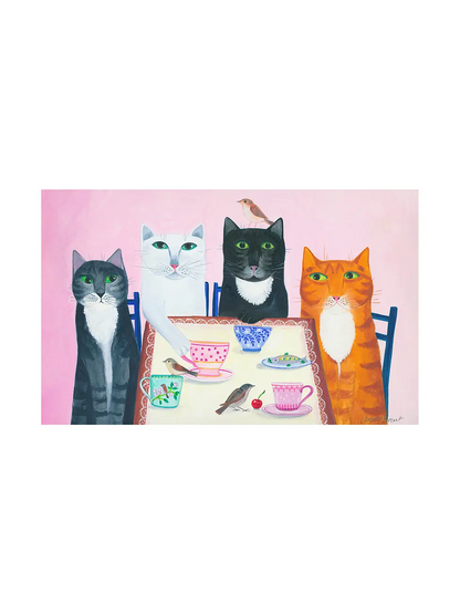 Four cats sitting at a table with patterned teacups, small birds and a cherry, naive illustration in pink and orange, art print by Isabelle Brent