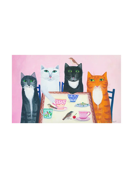 Four cats sitting at a table with patterned teacups, small birds and a cherry, naive illustration in pink and orange, art print by Isabelle Brent
