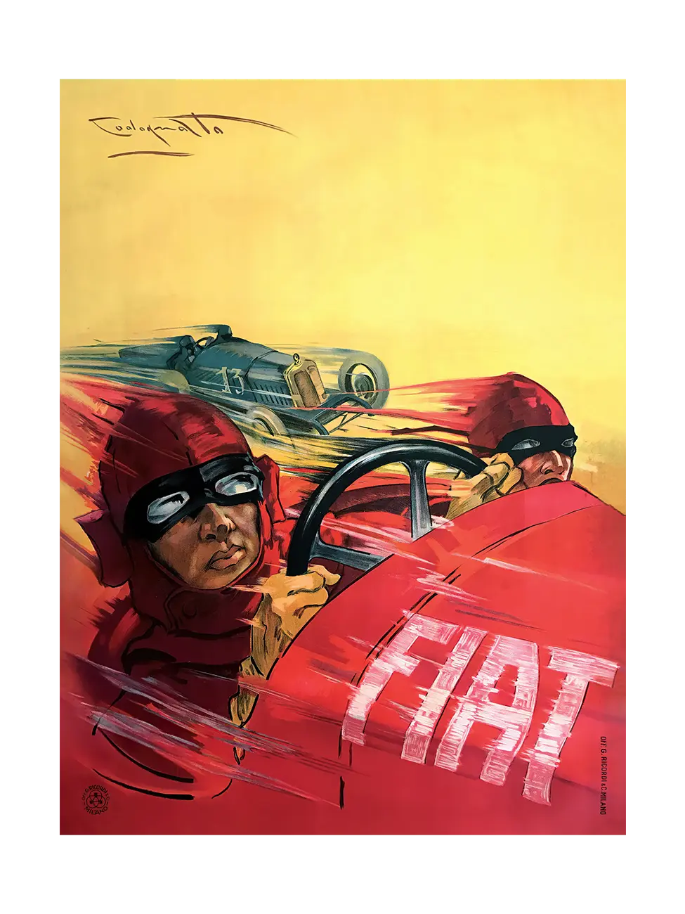 1923 Fiat Grand Prix poster by Plinio Codognato, two helmeted drivers in a red race car, rival car behind, yellow background.