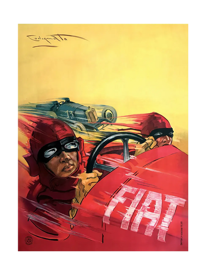 1923 Fiat Grand Prix poster by Plinio Codognato, two helmeted drivers in a red race car, rival car behind, yellow background.