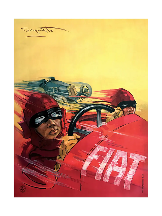 1923 Fiat Grand Prix poster by Plinio Codognato, two helmeted drivers in a red race car, rival car behind, yellow background.