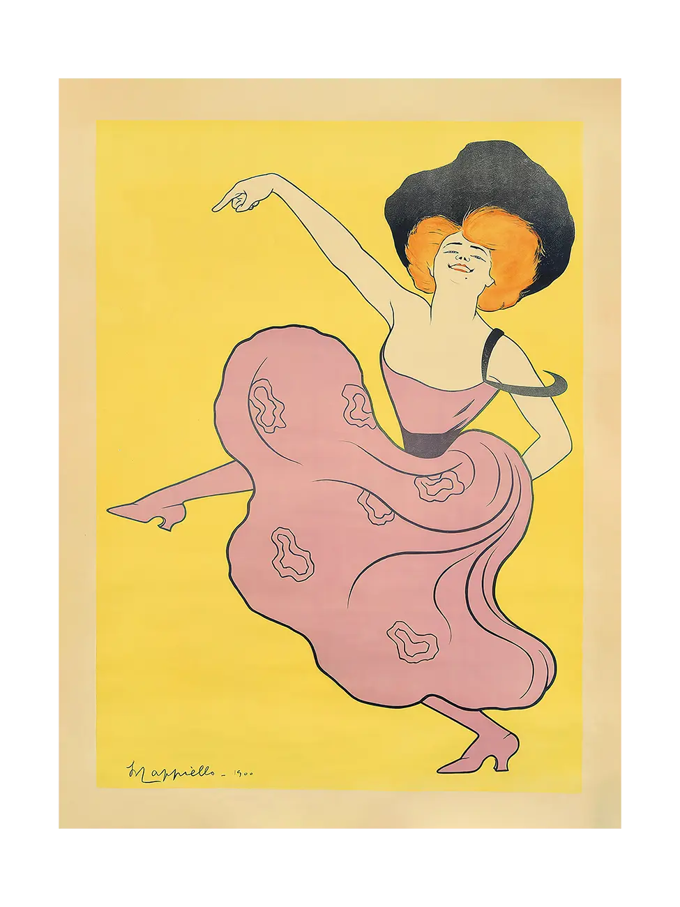 Artistic depiction of a dancer in a pink dress with a black hat on a yellow background