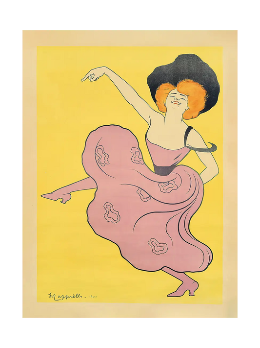 Artistic depiction of a dancer in a pink dress with a black hat on a yellow background