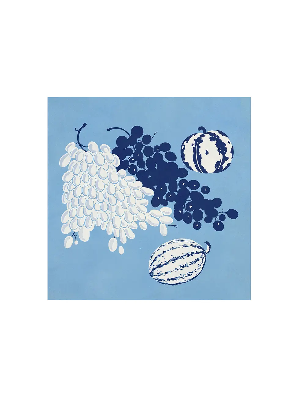 Art print of grapes, watermelon and melon in cobalt blue and sky-blue, an illustration by Guertik in a new read by Art Punch Studio