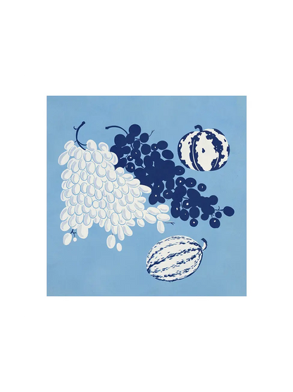 Art print of grapes, watermelon and melon in cobalt blue and sky-blue, an illustration by Guertik in a new read by Art Punch Studio