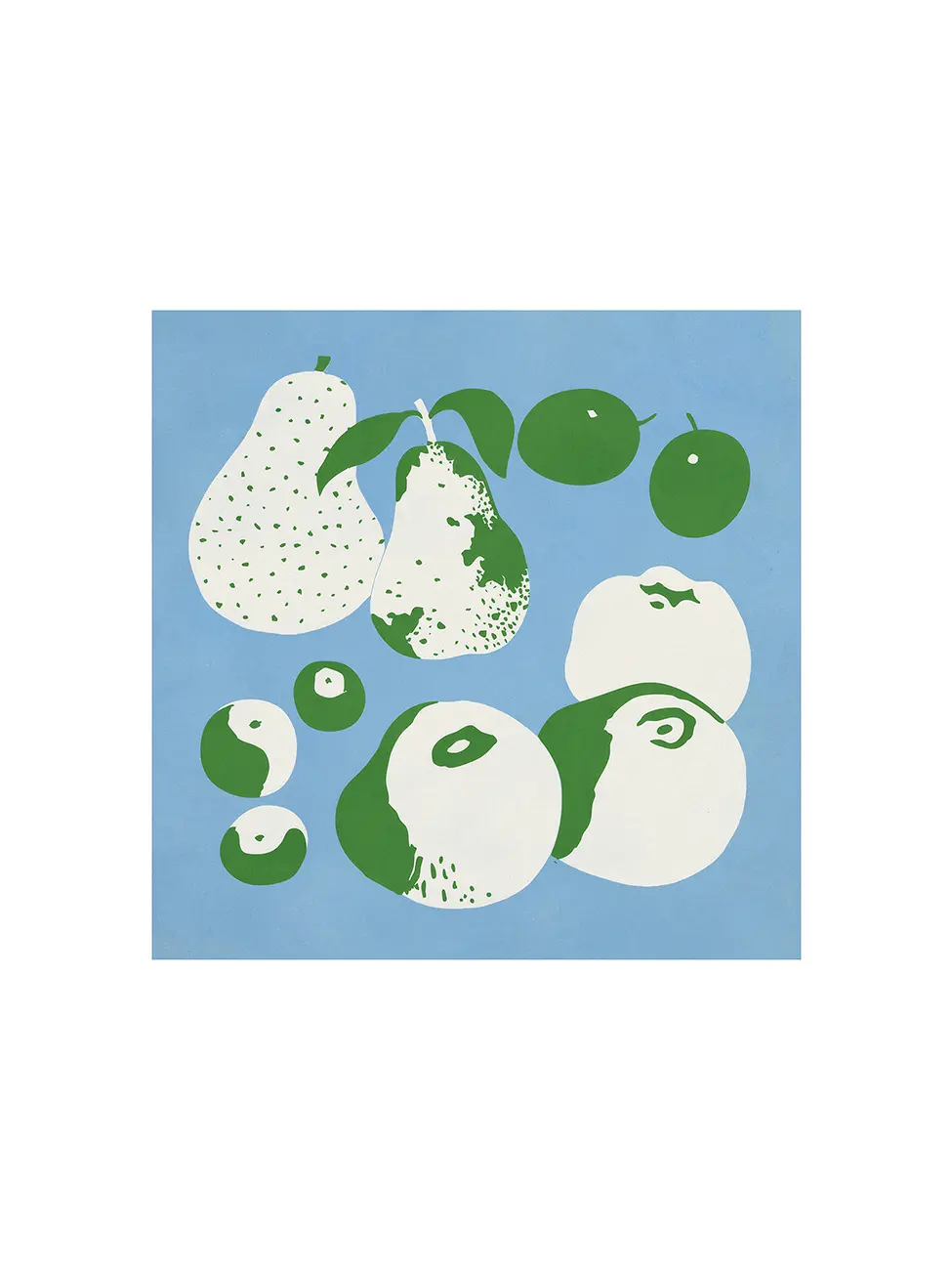 Square format poster with green and white apples, pears and plums on a blue background. Illustration by Helene Guertik.