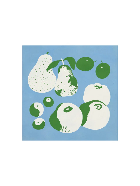Square format poster with green and white apples, pears and plums on a blue background. Illustration by Helene Guertik.