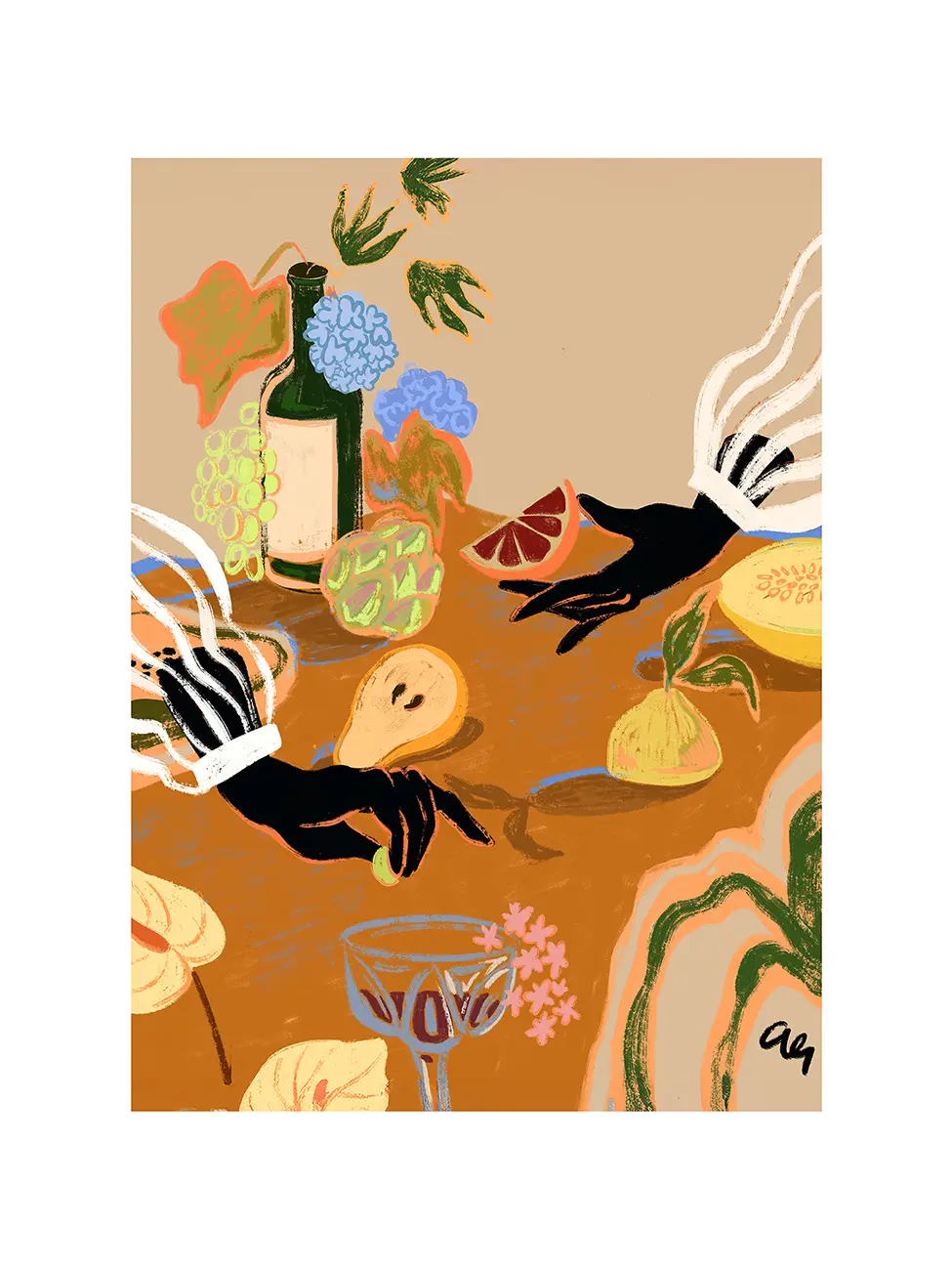 Painting in warm colors of hands holding fruit, over a table with flowers, bottle and glasses.