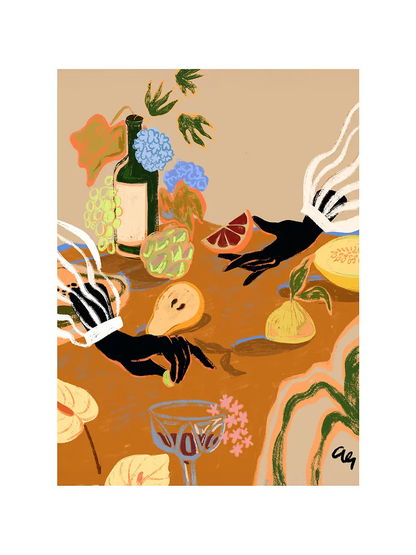 Painting in warm colors of hands holding fruit, over a table with flowers, bottle and glasses.